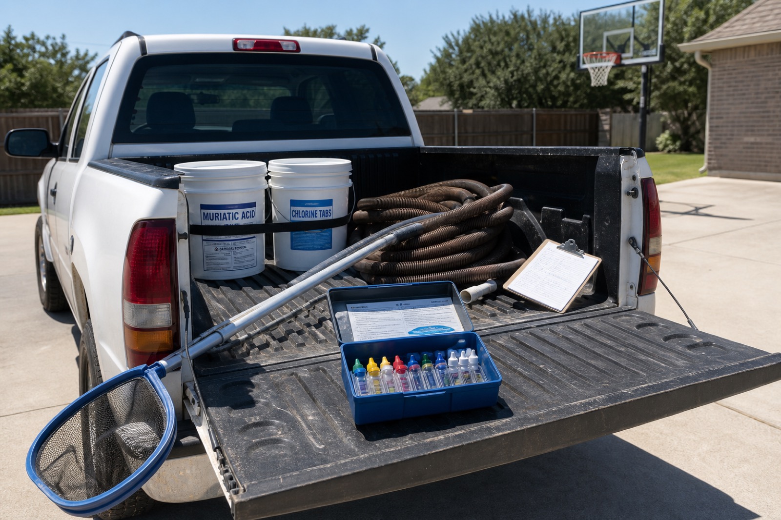 Work truck bed parked in a residential driveway, loaded with chemicals, vacuum hose, test kit, and pool pole.