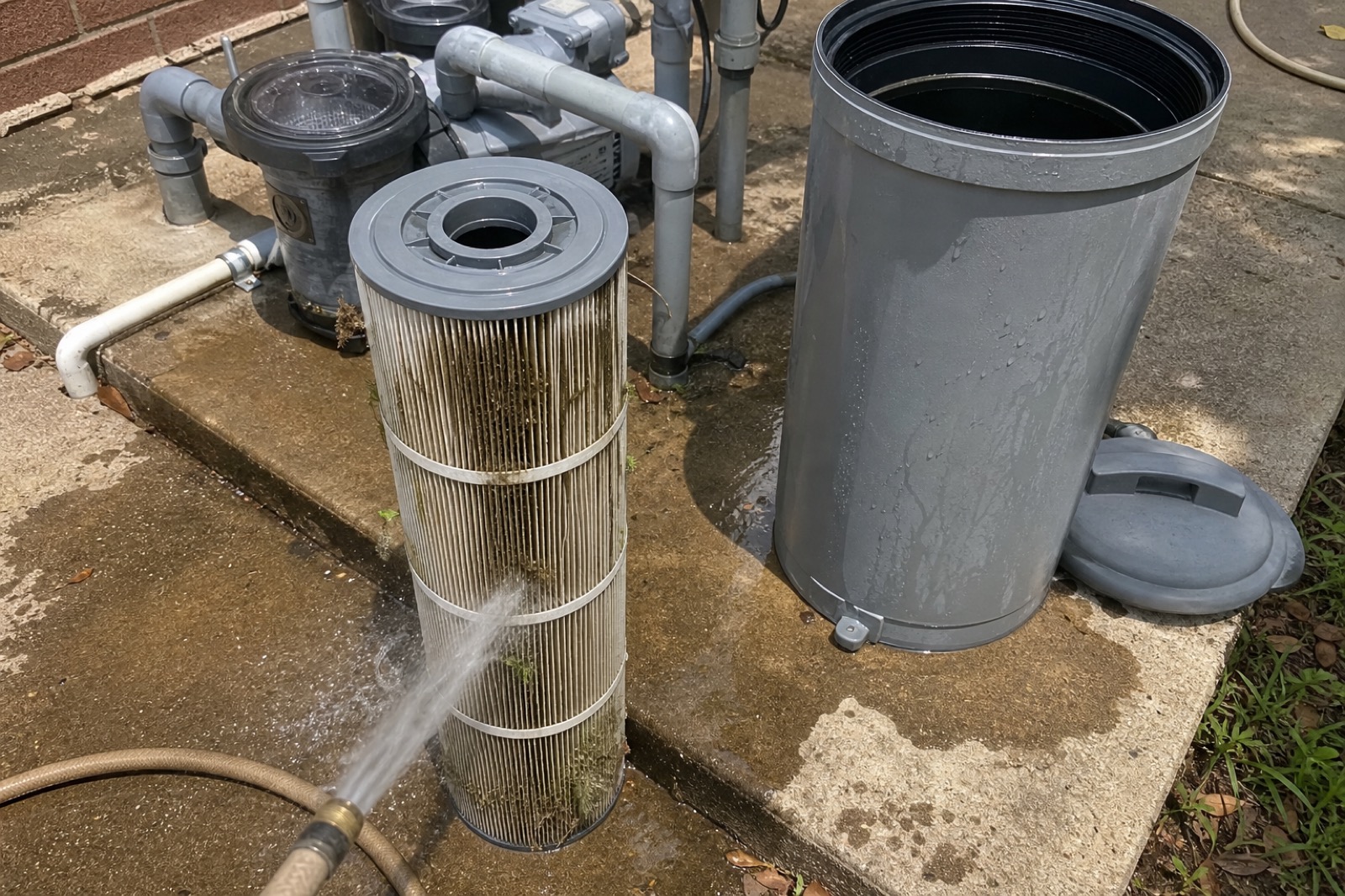 Cartridge filter pulled out of its housing on the equipment pad, mid-clean with a hose spraying through the pleats.